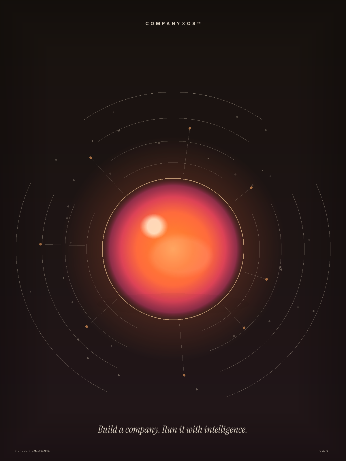CompanyXOS™ — Build a company. Run it with intelligence. Announcement poster with an orange orb.